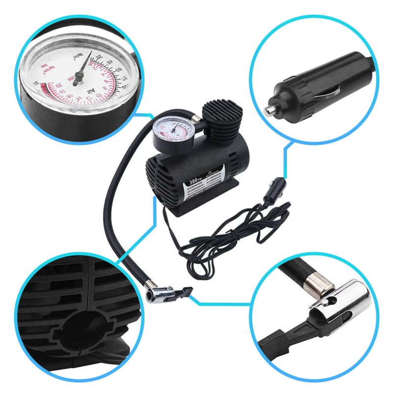 M003C   KOMPRESOR SAMOCHODOWY SPRĘŻARKA POMPKA 300 PSI 12V -E080 mały czarny