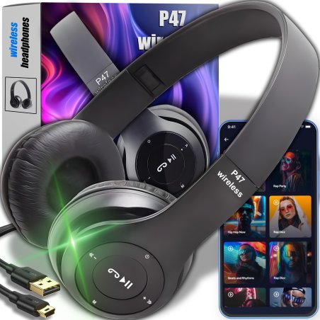 M003F    SŁUCHAWKI BEZPRZEWODOWE P47 BLUETOOTH MIKROFON MP3- E142 czarny