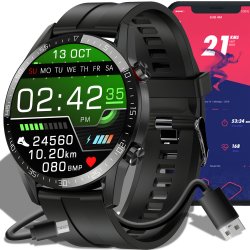 M002E     ZEGAREK SMARTWATCH CIŚNIENIE EKG PULS ROZMOWY MENU PL SPORT CZARNY MĘSKI -E774-1 gumowy pasek
