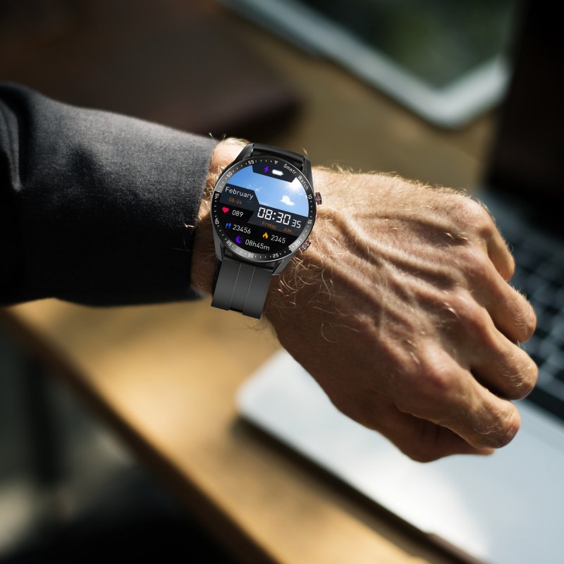 M002E     ZEGAREK SMARTWATCH CIŚNIENIE EKG PULS ROZMOWY MENU PL SPORT CZARNY MĘSKI -E774-1 gumowy pasek