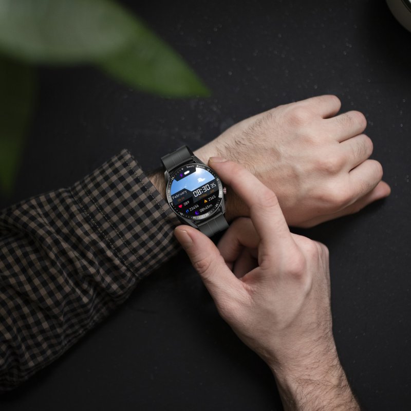M002E     ZEGAREK SMARTWATCH CIŚNIENIE EKG PULS ROZMOWY MENU PL SPORT CZARNY MĘSKI -E774-1 gumowy pasek