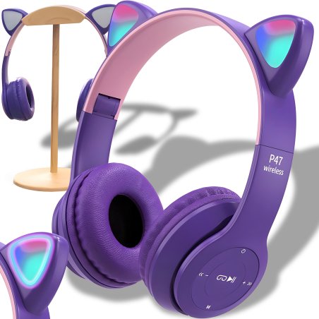M003A SŁUCHAWKI DLA DZIECI BLUETOOTH KOCIE USZY KOT LED RGB NAUSZNE MIKROFON -E720-1 FIOLETOWE