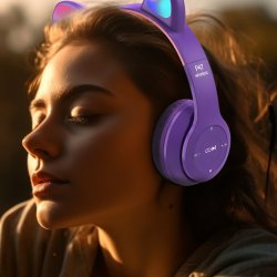 M003A SŁUCHAWKI DLA DZIECI BLUETOOTH KOCIE USZY KOT LED RGB NAUSZNE MIKROFON -E720-1 FIOLETOWE