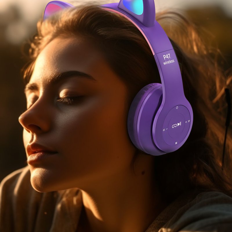 M003A SŁUCHAWKI DLA DZIECI BLUETOOTH KOCIE USZY KOT LED RGB NAUSZNE MIKROFON -E720-1 FIOLETOWE
