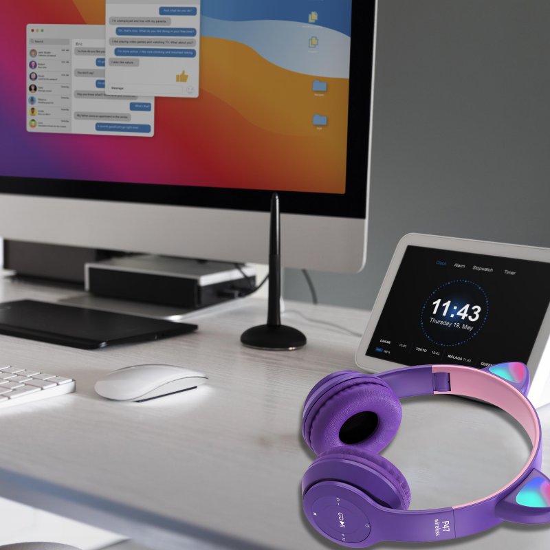 M003A SŁUCHAWKI DLA DZIECI BLUETOOTH KOCIE USZY KOT LED RGB NAUSZNE MIKROFON -E720-1 FIOLETOWE